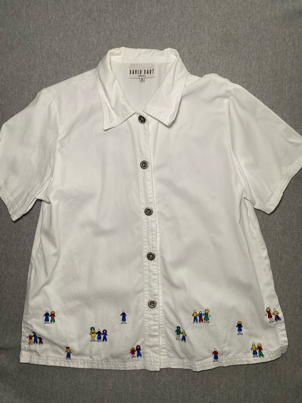David Dart Dress Camp Shirt S White Cttn Tencel Embroider Bttn Short Slv Vtg